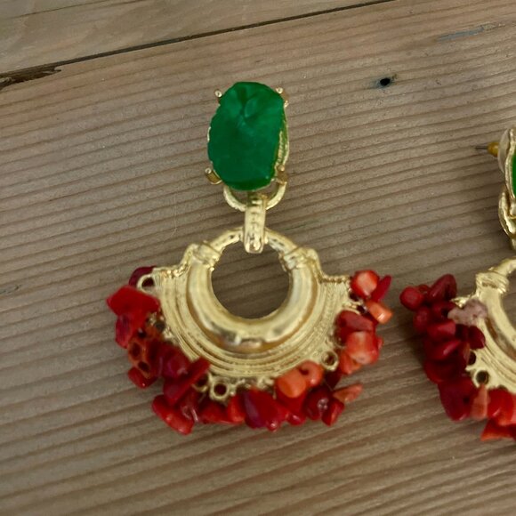 Red Coral Green Jeweled Gold Statement Earrings, ASO Pippa Middleton, NEW - Picture 4 of 5